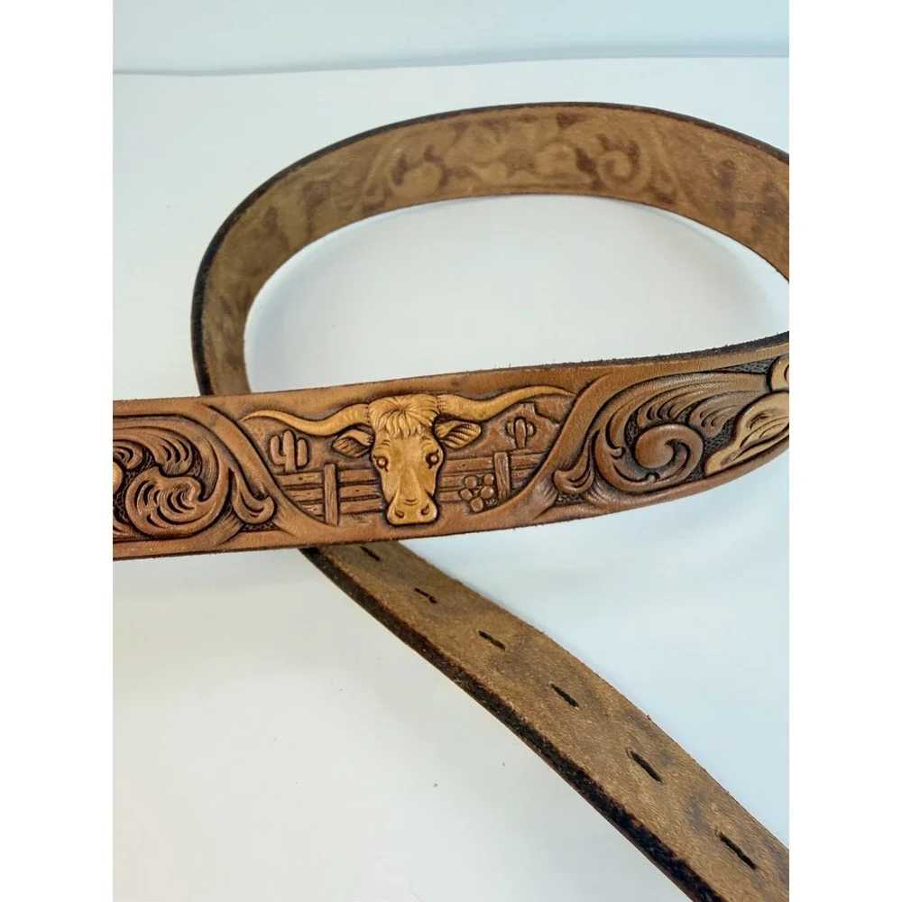 Leather Tooled Belt Hand Painted Steer Floral  Size 36 Vintage Western